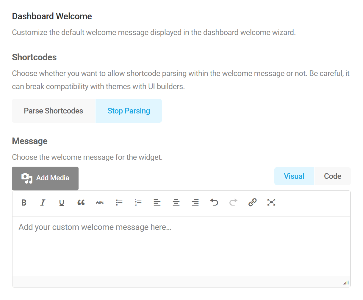 Welcome message options in Branda dashboard widgets module