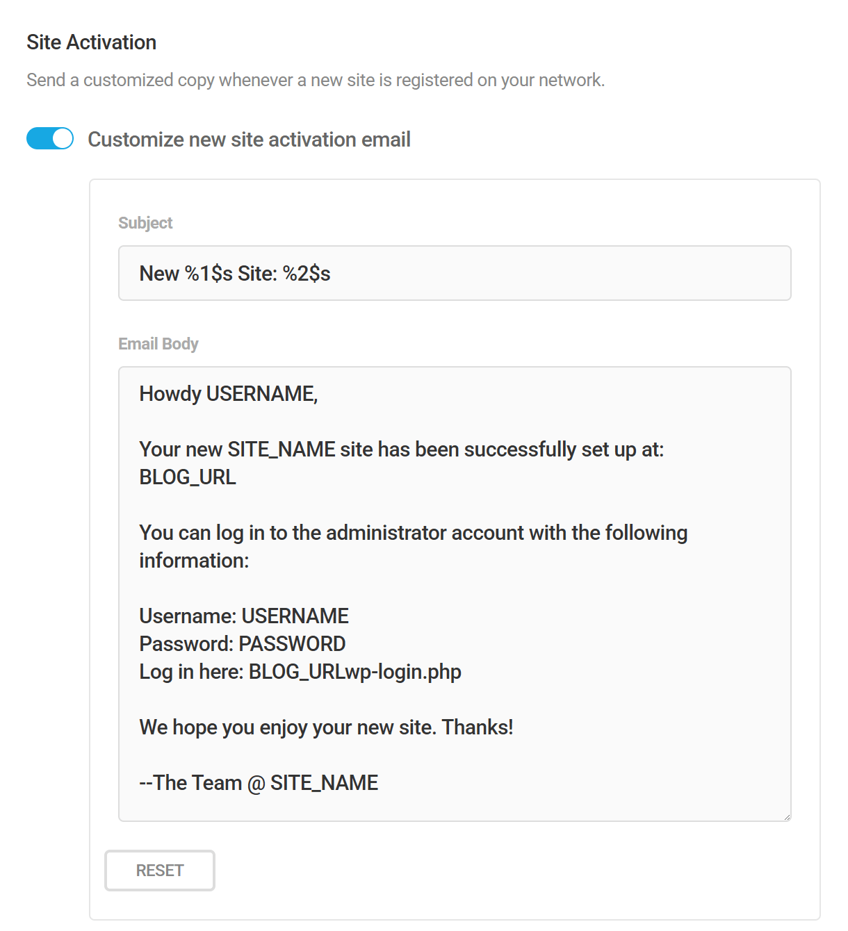 Site activation email in Branda Registration Emails module