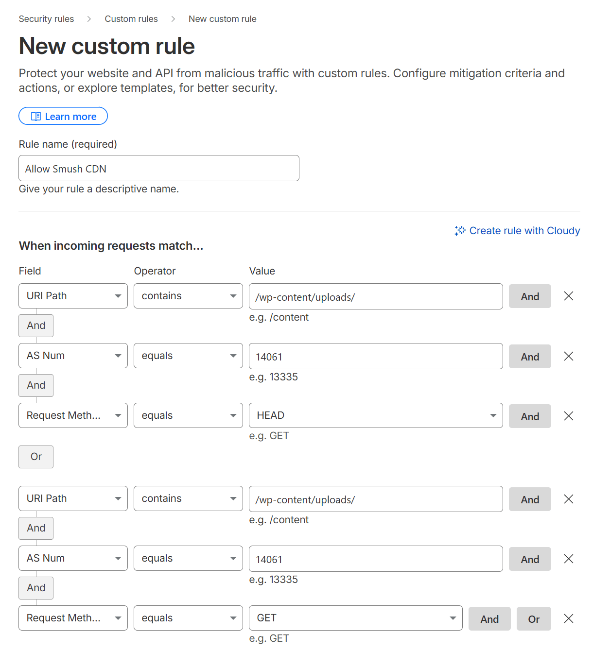 Add a custom security rule in Cloudflare
