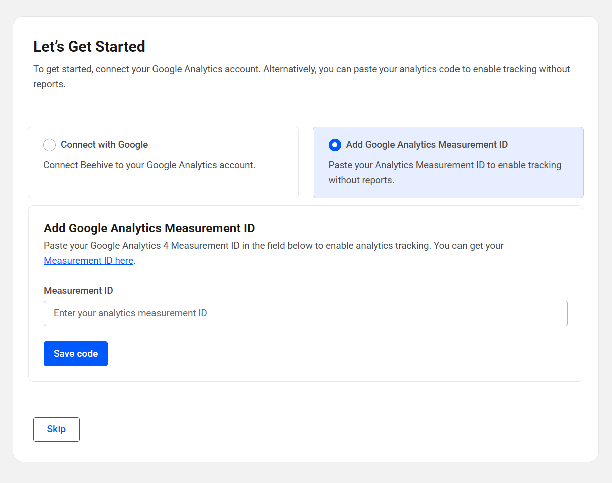 Add Google Analytics measurment ID in Beehive quick setup