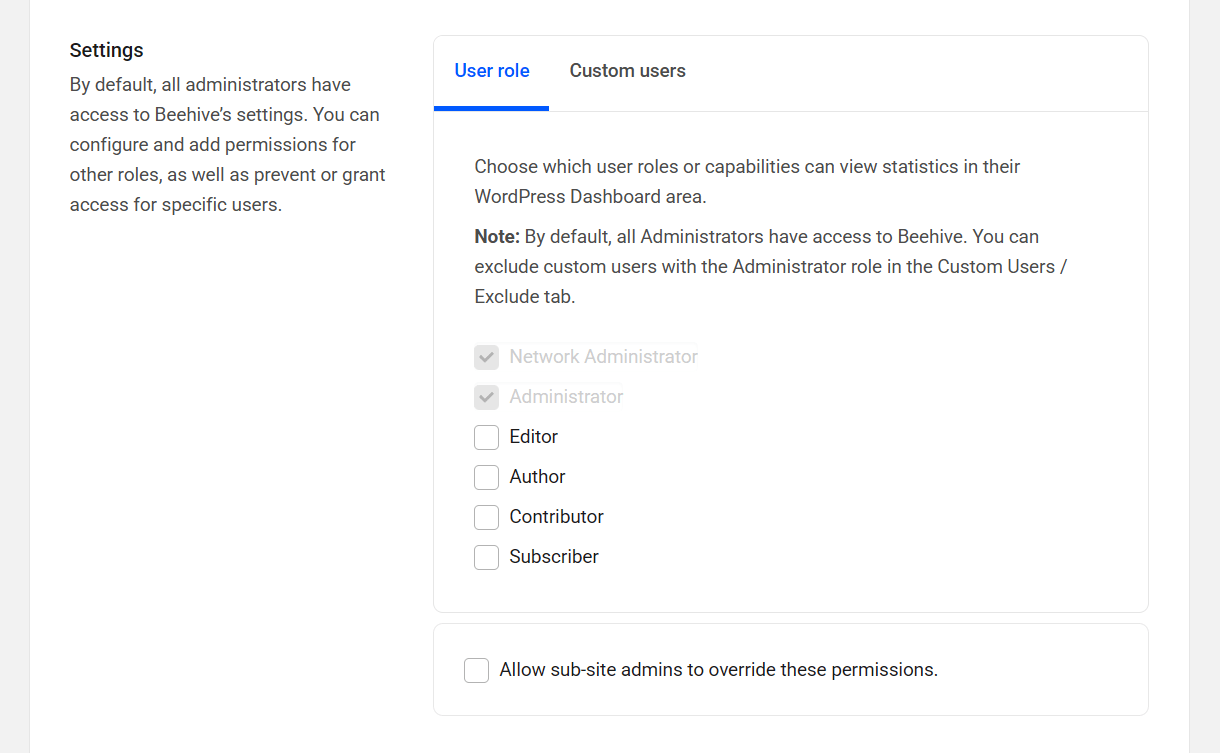 Beehive user role settings