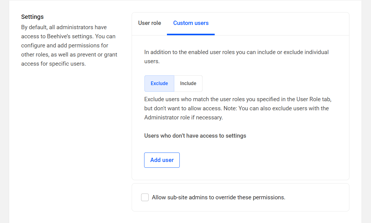 Beehive user settings