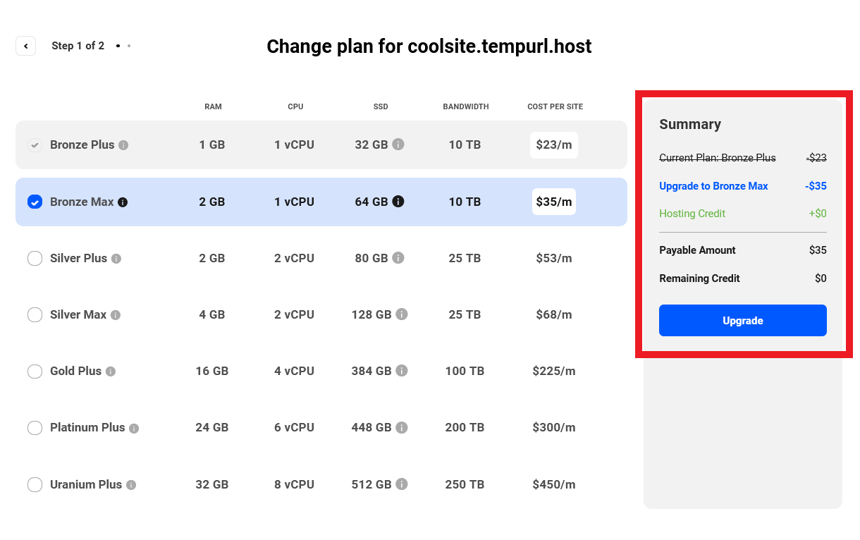 Hosting plan summary