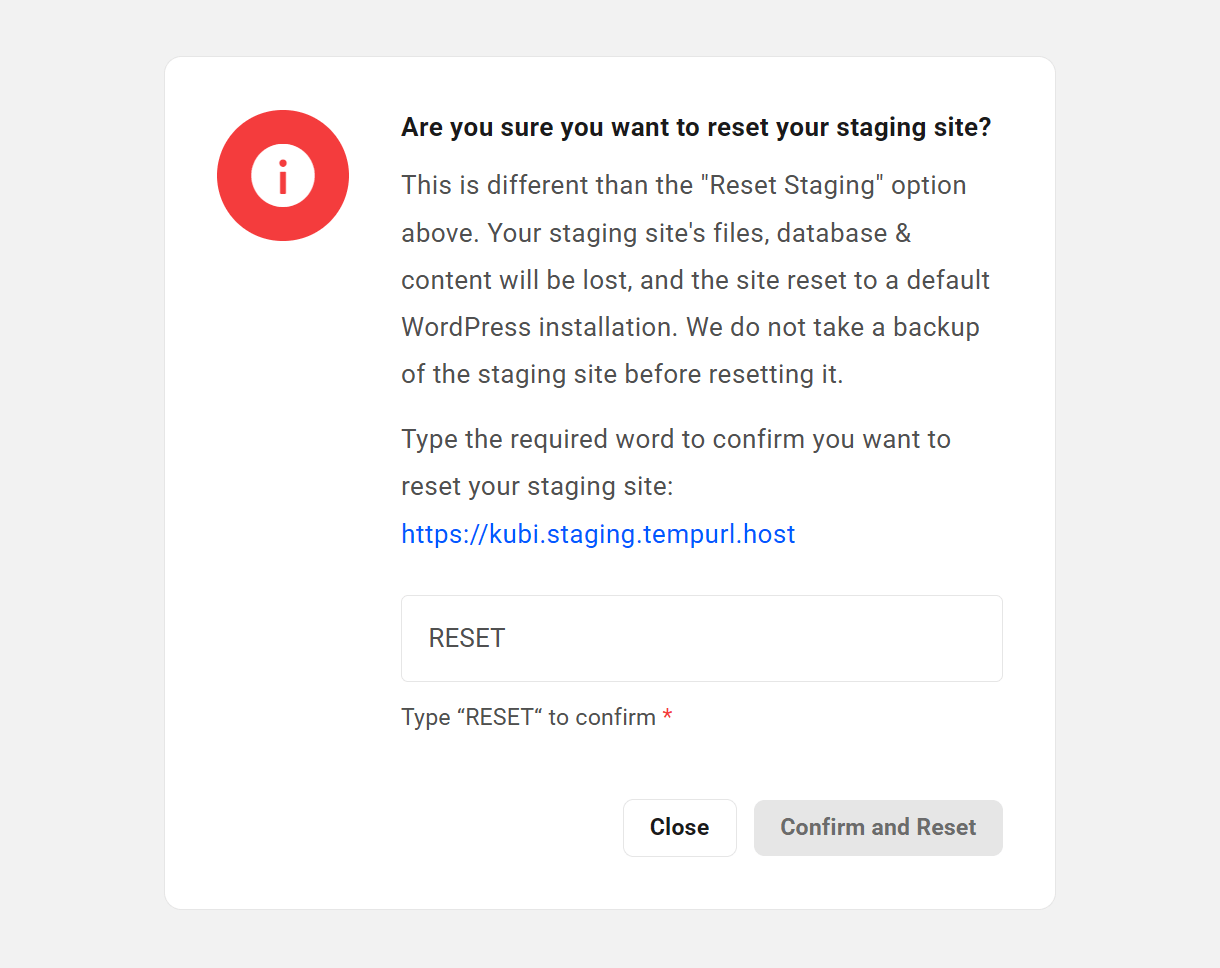 Confirm WordPress reset on staging