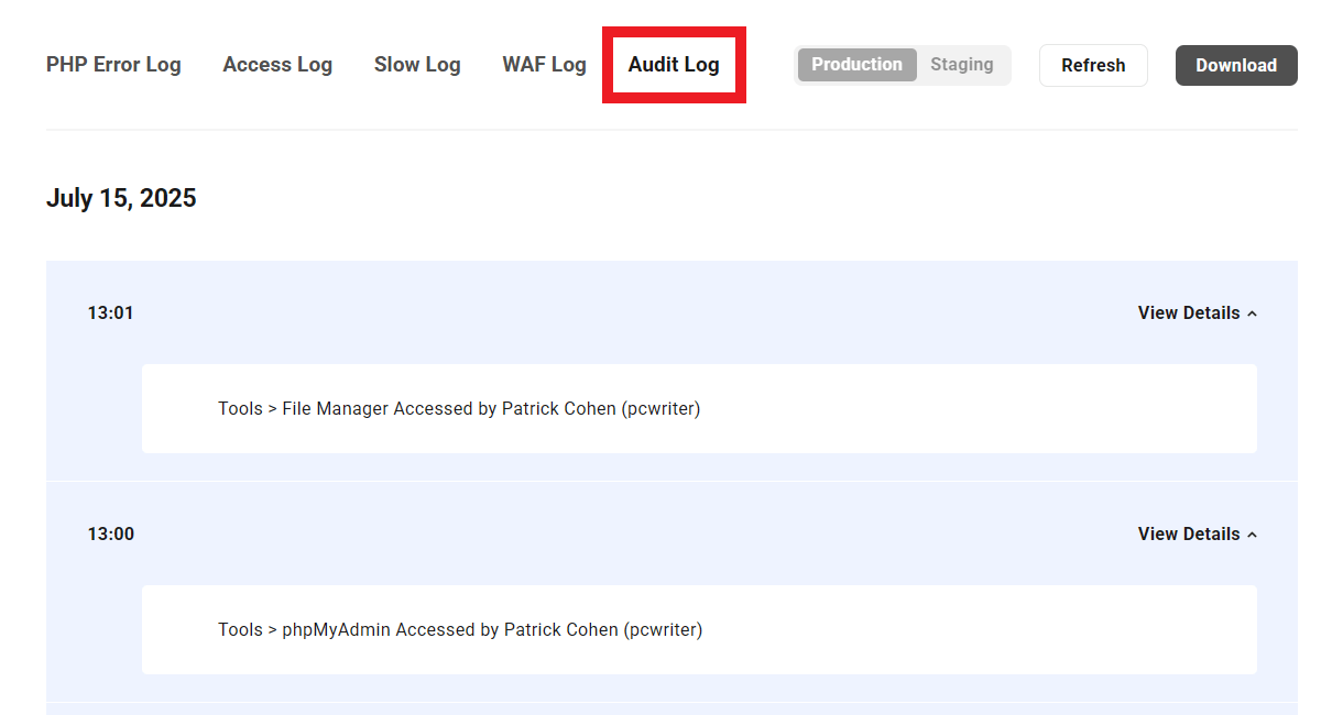 WPMU DEV audit log