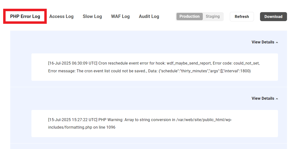 WPMU DEV PHP error log