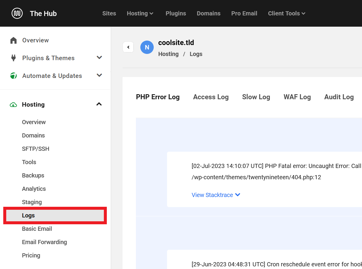 View logs for a hosted site