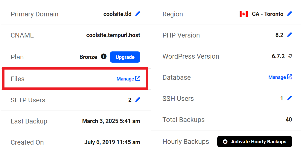 Link to the File Manager for a hosted site