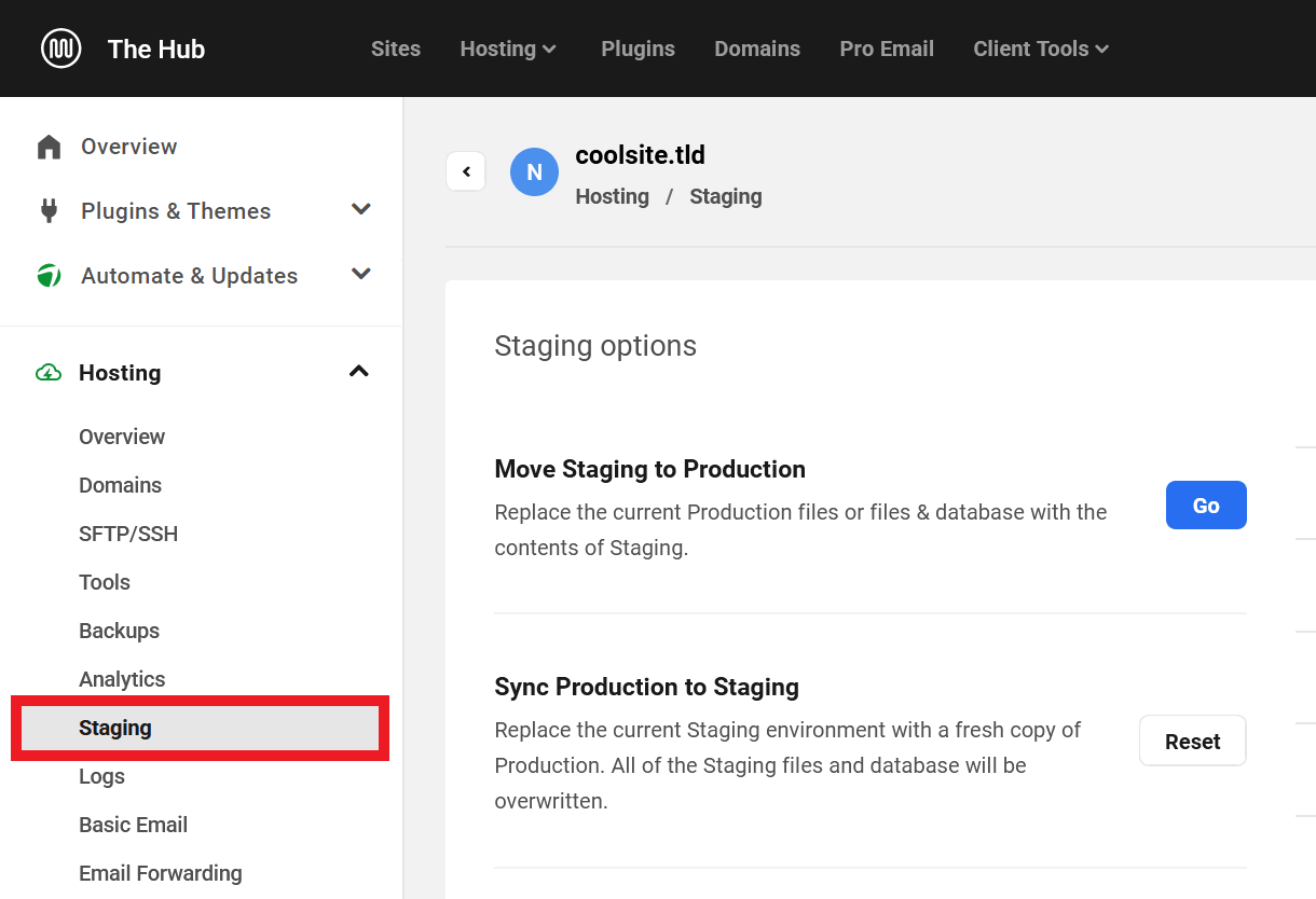 Access the Staging feature of a WPMU DEV hosted site