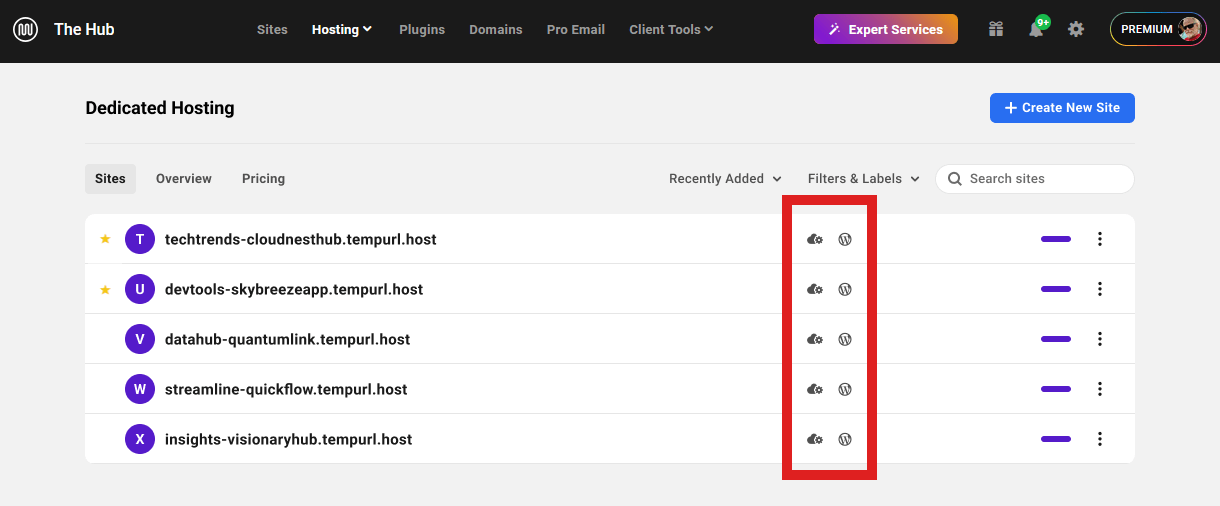 Site list on the Dedicated Hosting landing page in The Hub