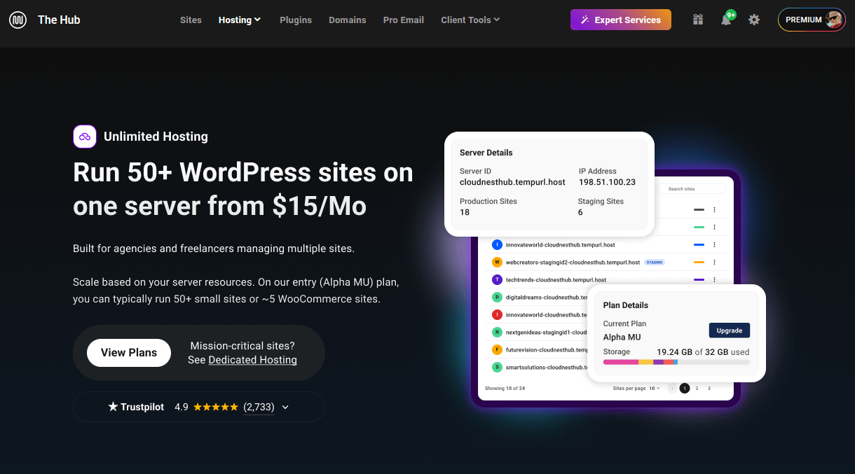 Unlimited Hosting landing page in The Hub