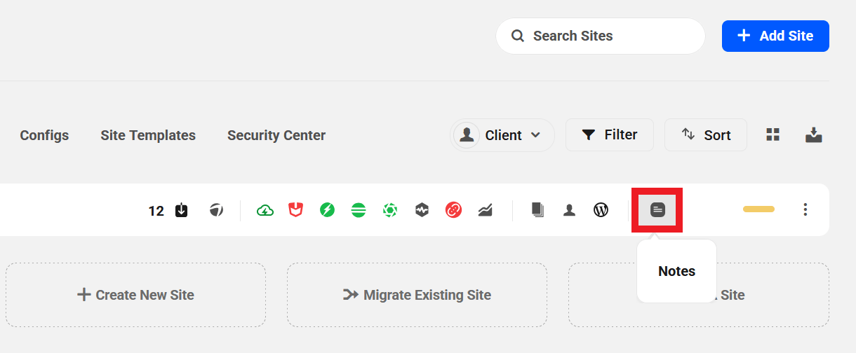 Site Notes icon on the My Sites screen