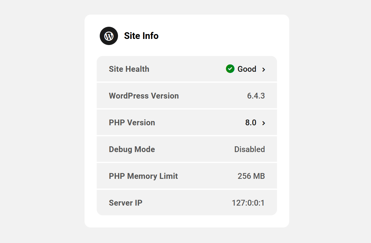 Site Info widget in The Hub