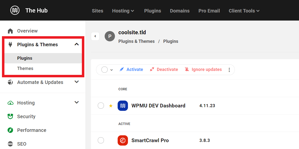 Site plugins and themes management in the Hub