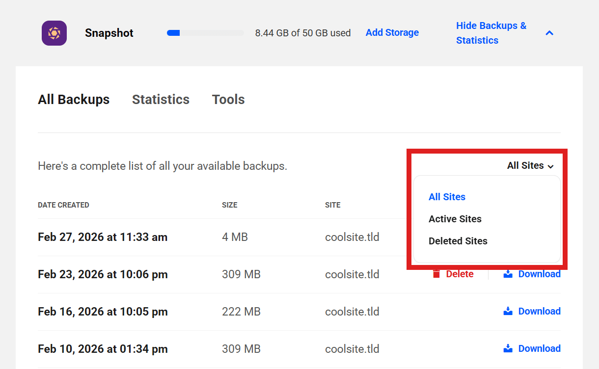 View Snapshot backups on your Account page