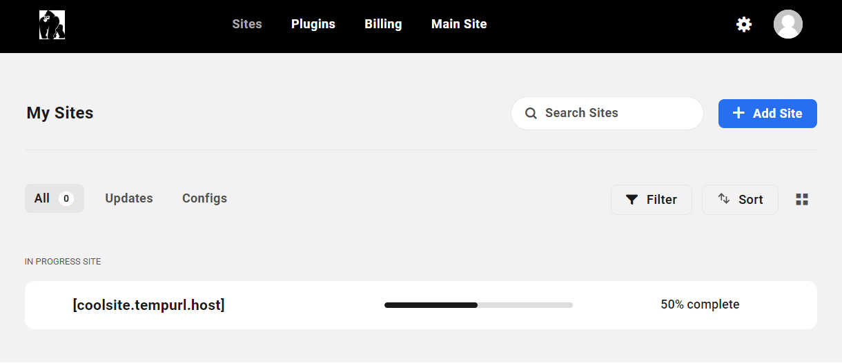 Site creation progress for a new hosting site in the Client Portal
