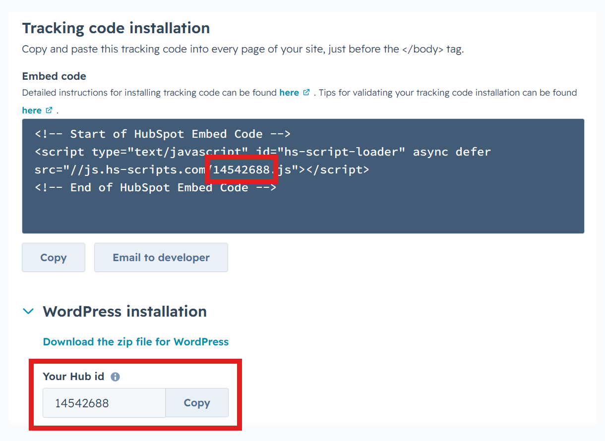 Copy tracking code in HubSpot account