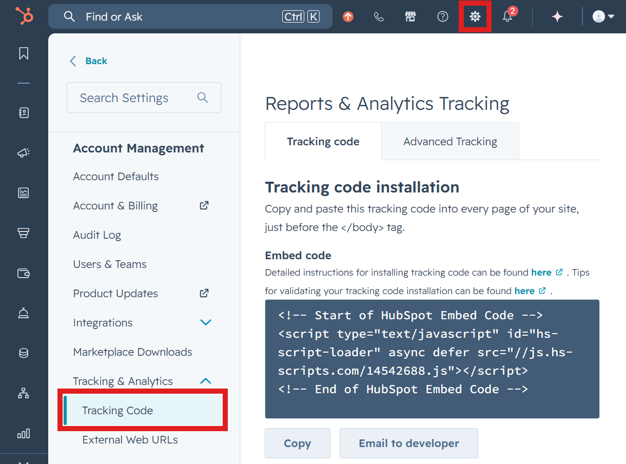 Get tracking code in HubSpot account