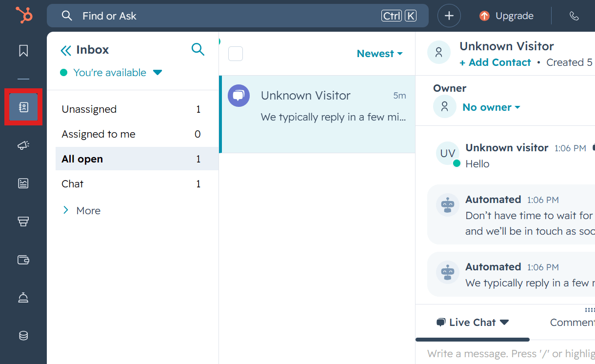Chat inbox in HubSpot account