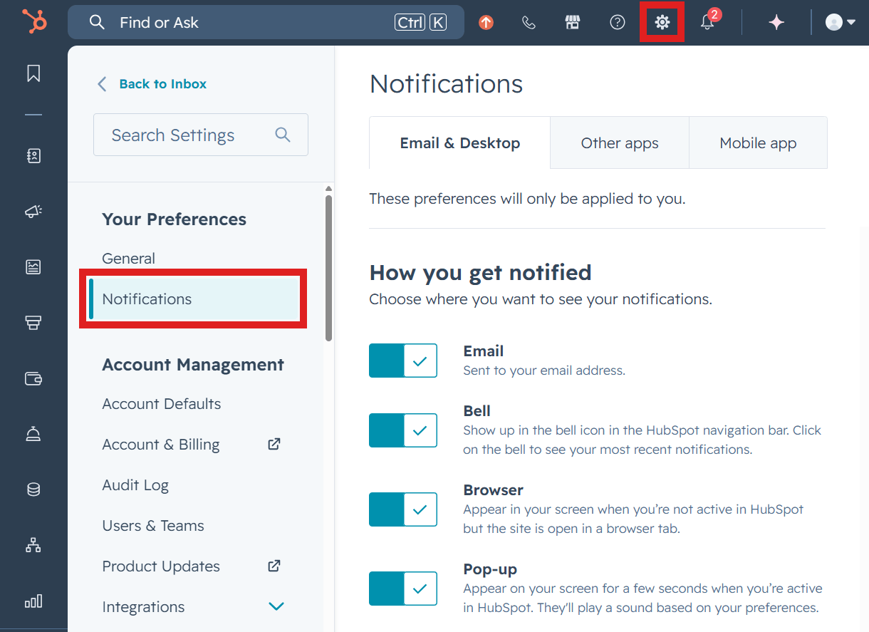 Notification settings in HubSpot account