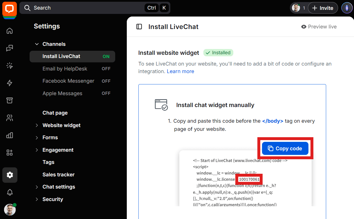 Copy widget code from LiveChat settings