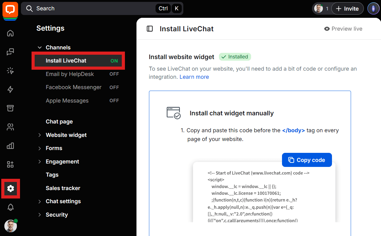 Installing LiveChat widget