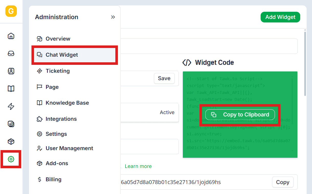 Copy widget code from Tawk.to account