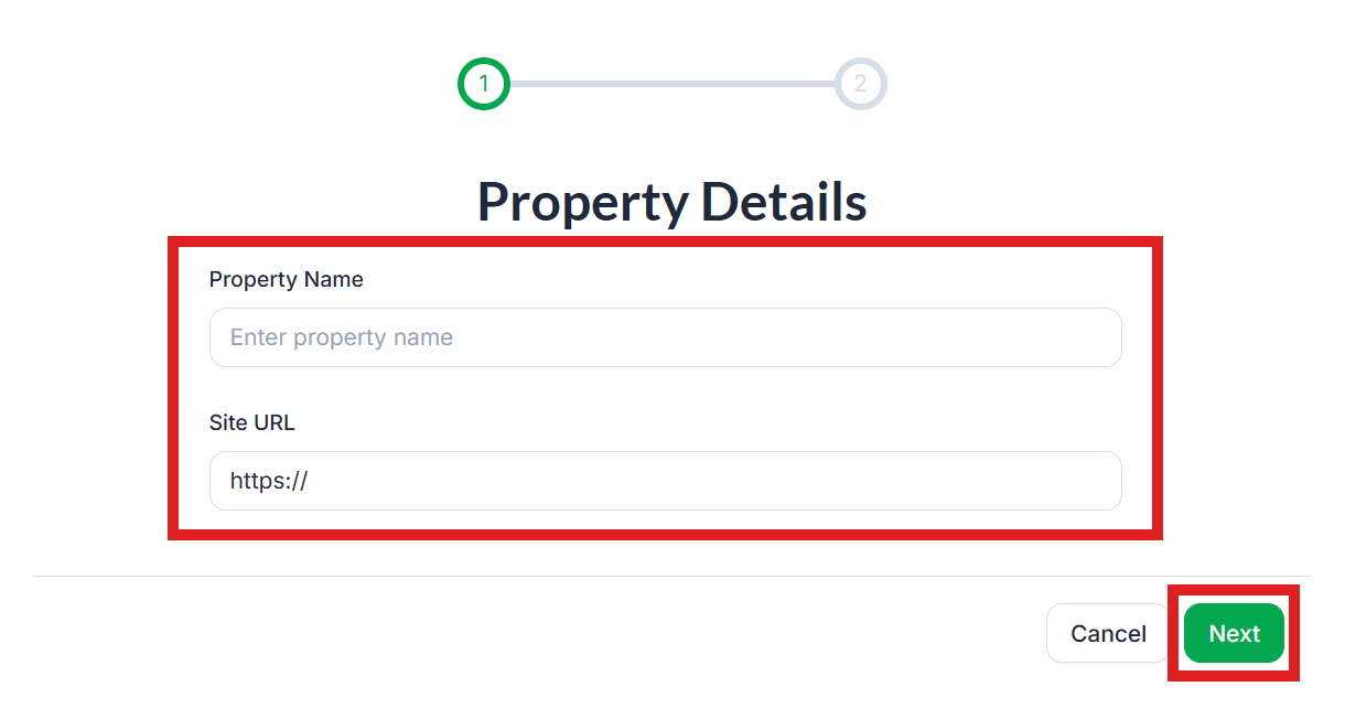 Enter details of a new property in Tawk.to account