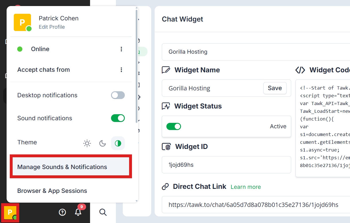 Manage notifications in Tawk.to account