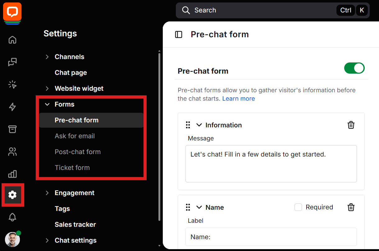 Edit widget forms in LiveChat account