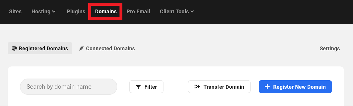 Domains menu location in the Hub