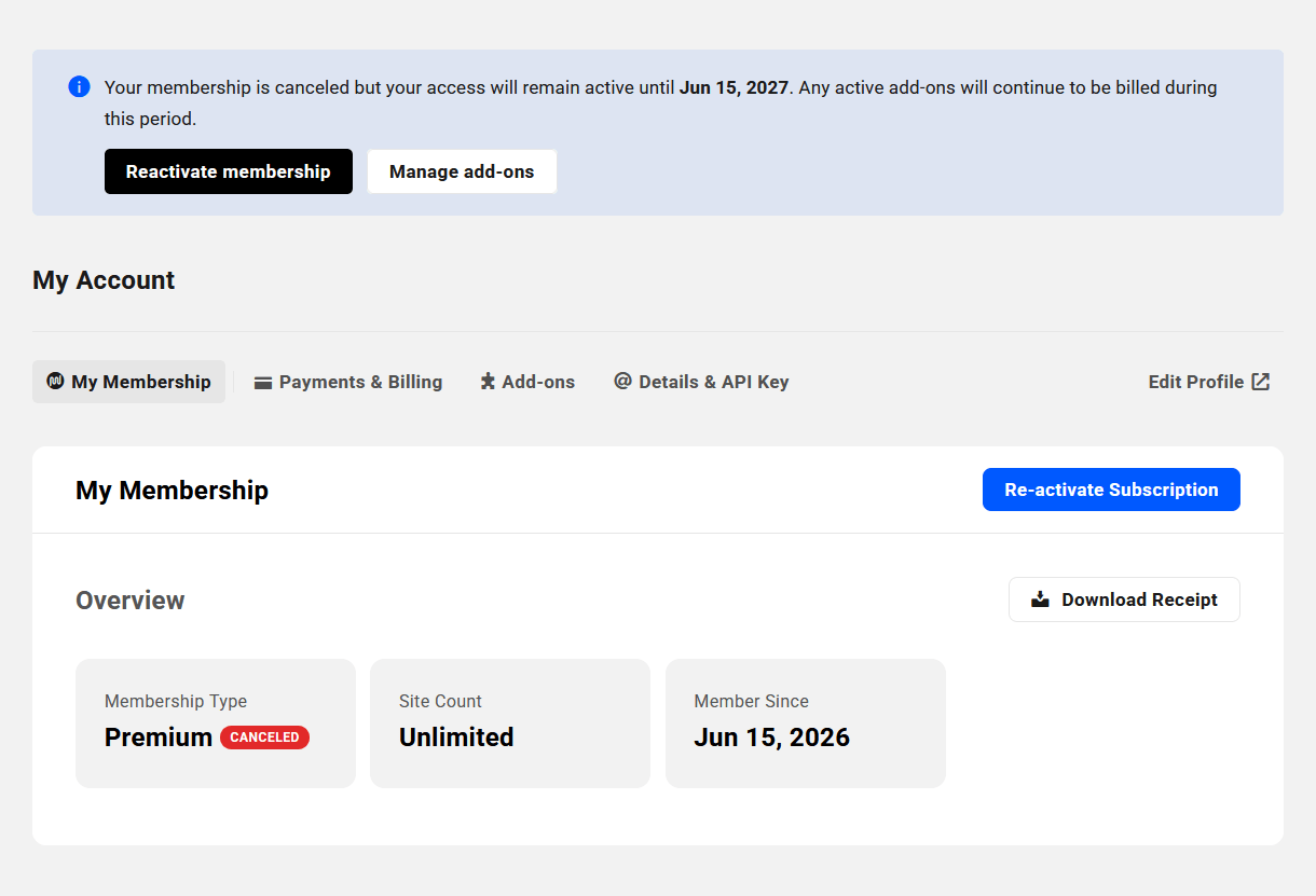 Reactivate WPMU DEV membership from your Account page
