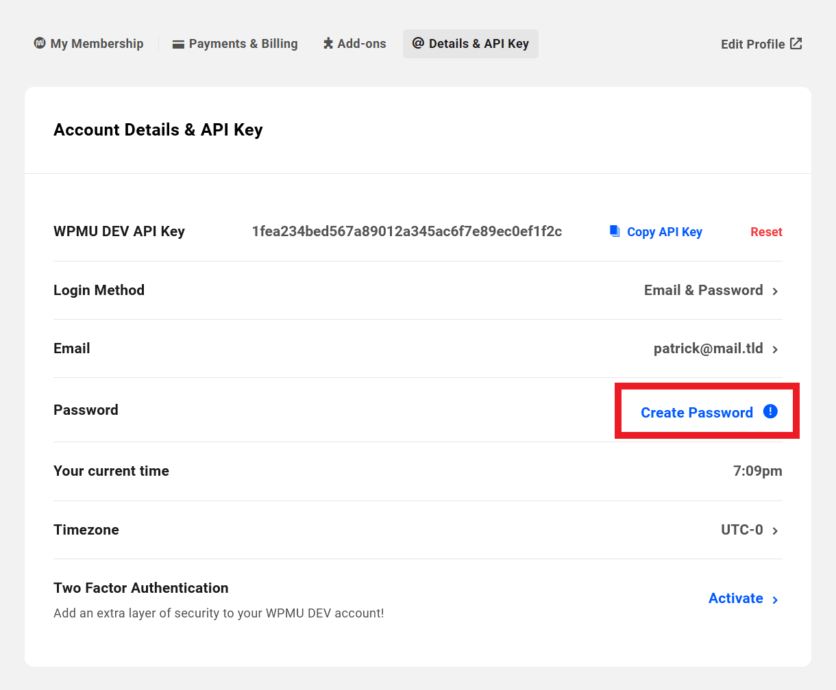 Create a WPMU DEV account password in the Hub