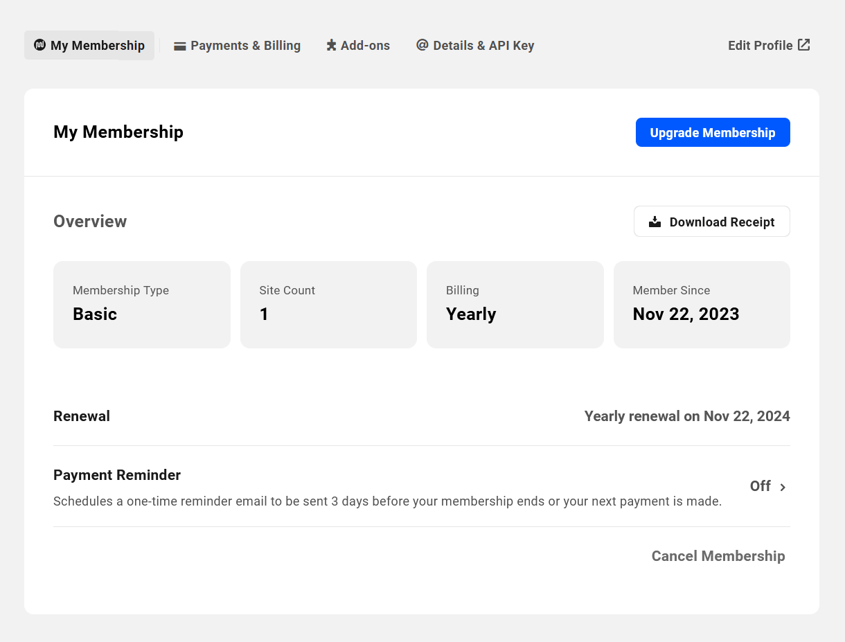My Membership screen on the Hub Account page