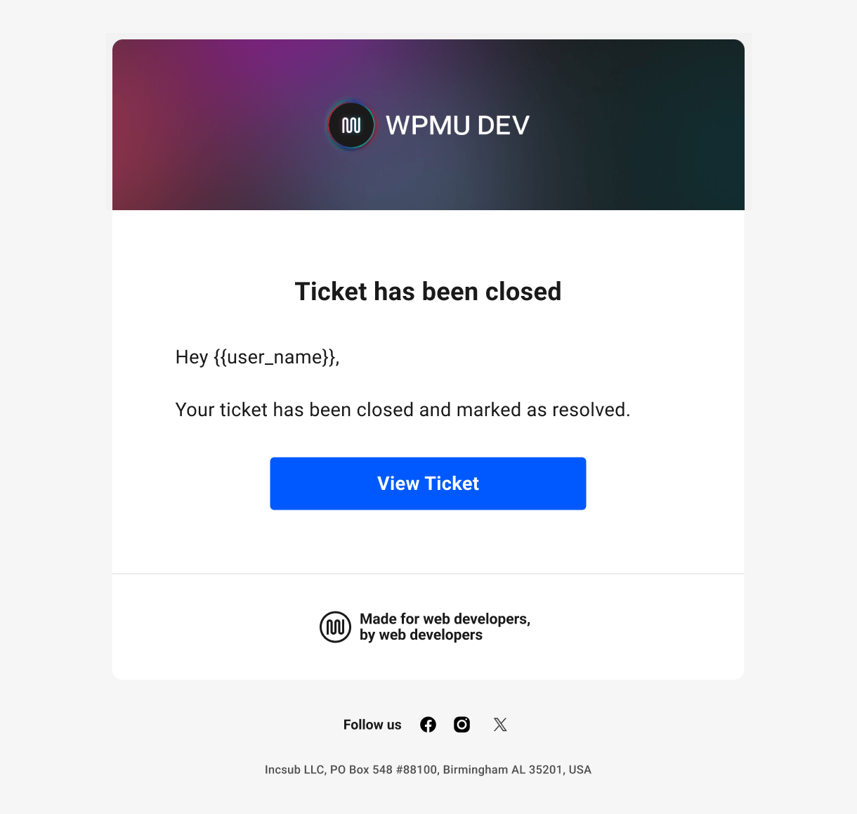 Hub Tickets email to member - ticket closed