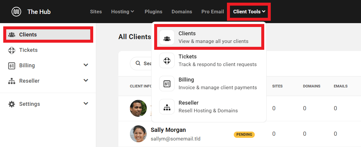 Clients section in Client Tools