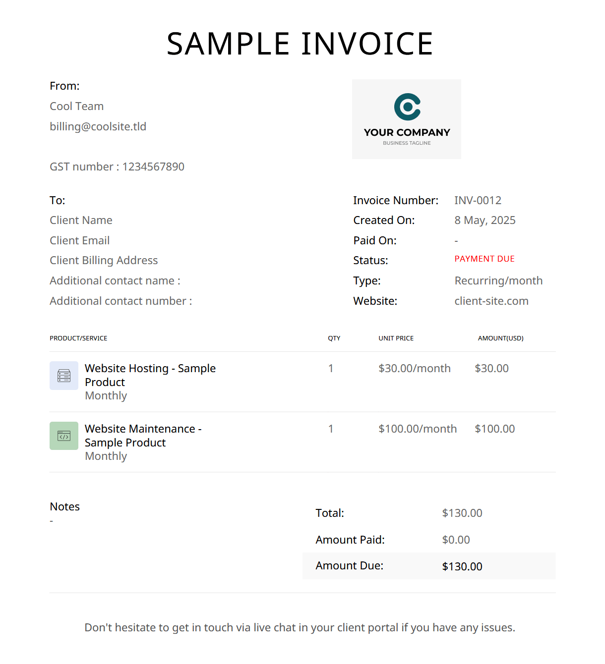 Example invoice in Client Tools