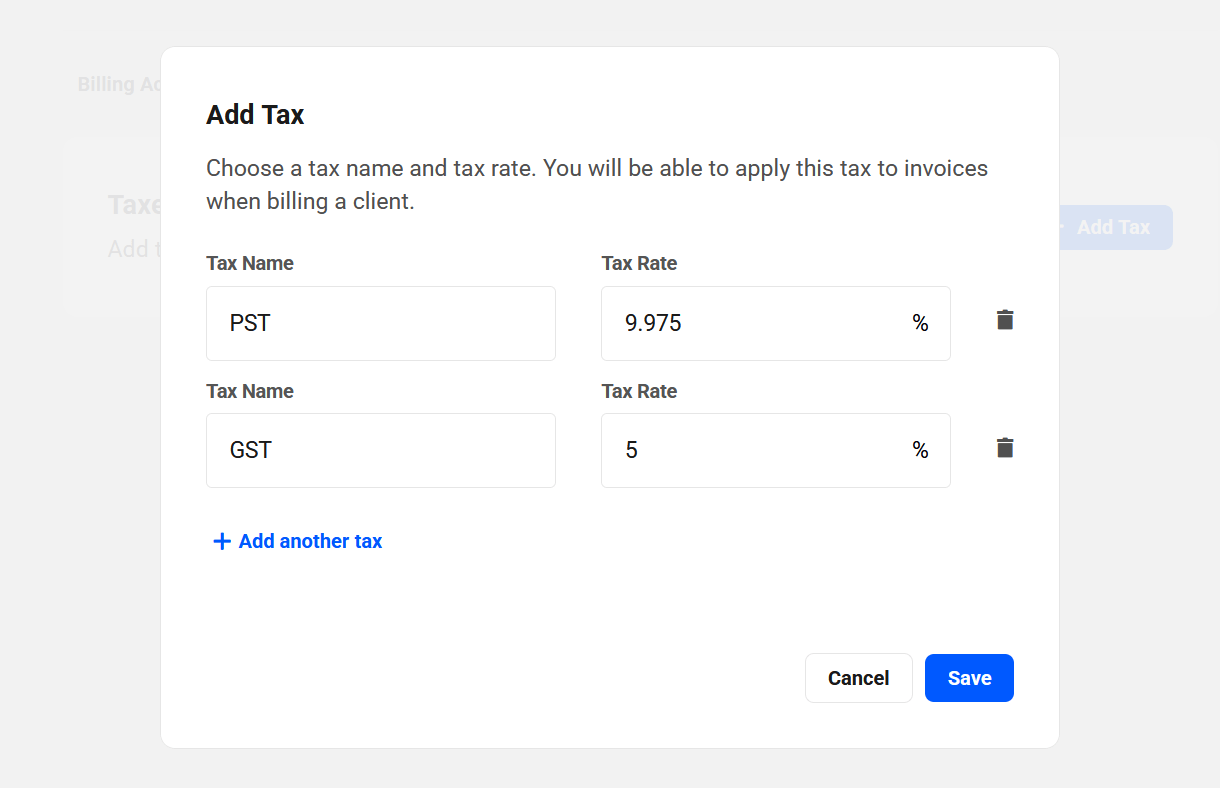 Taxes created in Billing tool