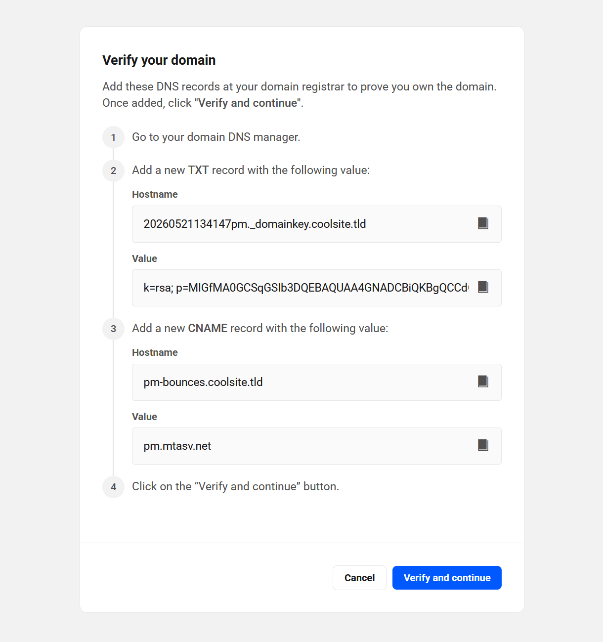 Verify domain with DNS records