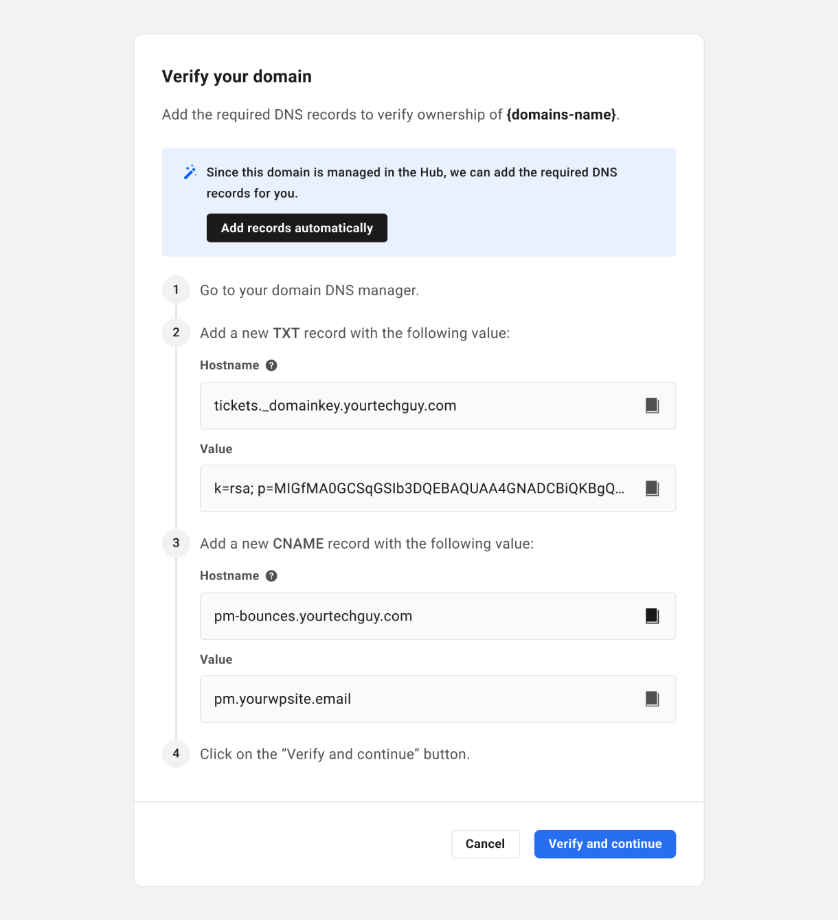 Adding DNS for a domain managed in The Hub
