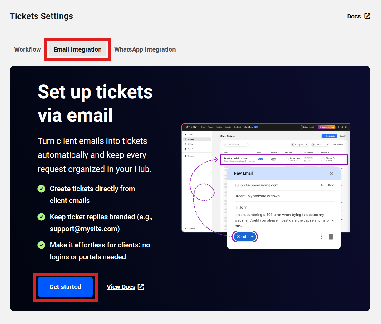 Set up tickets via email