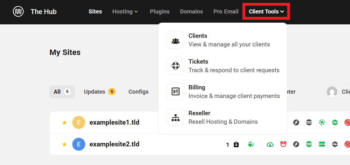 Client Tools menu item in The Hub