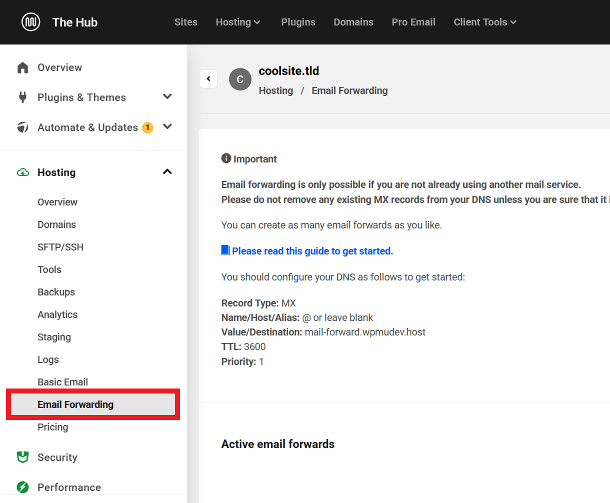 Email Forwarding tab in The Hub
