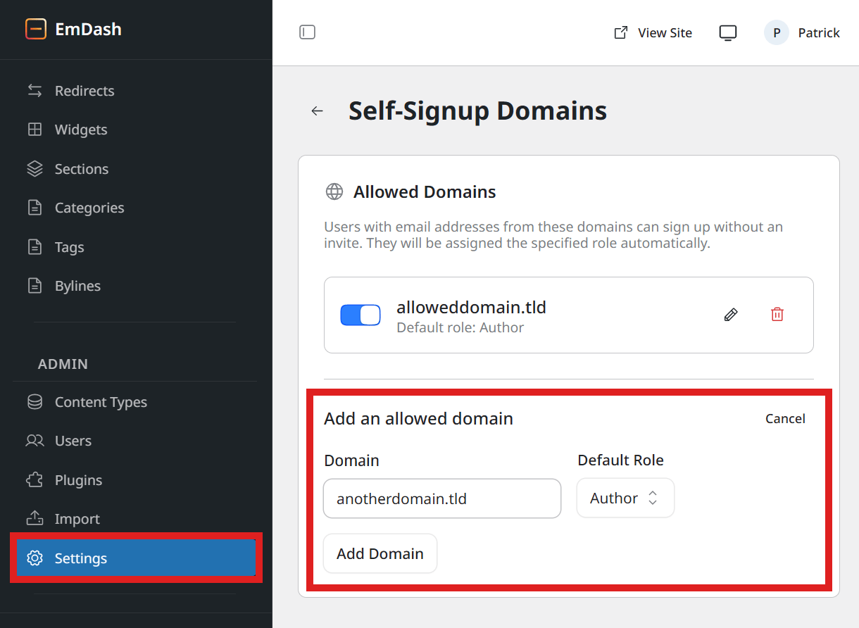 Allowlist email domains for self-signup in EmDash sites