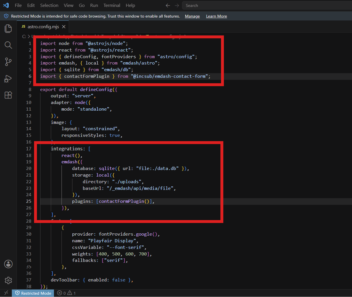 Editing the astro.config.mjs file for an EmDash contact form