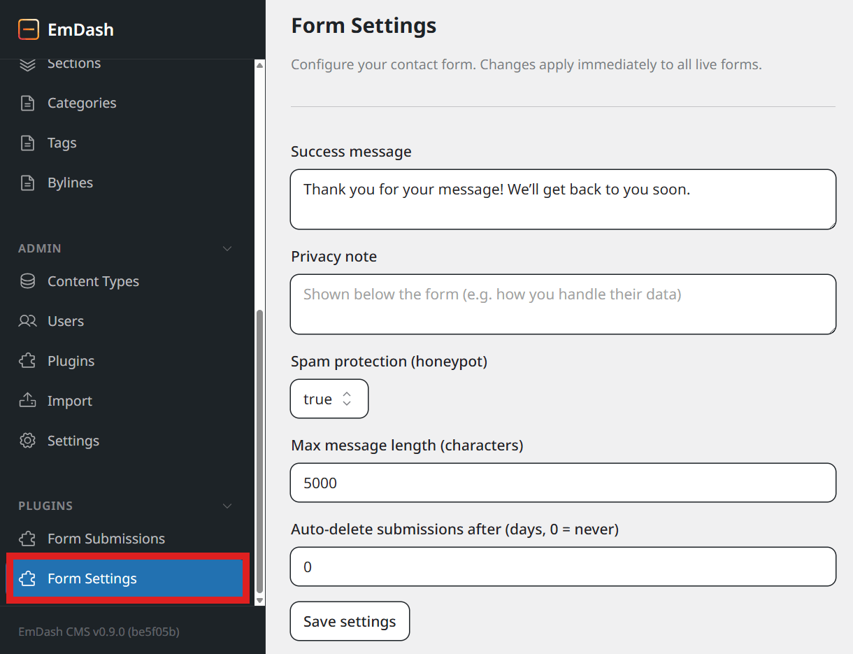 EmDash contact form settings
