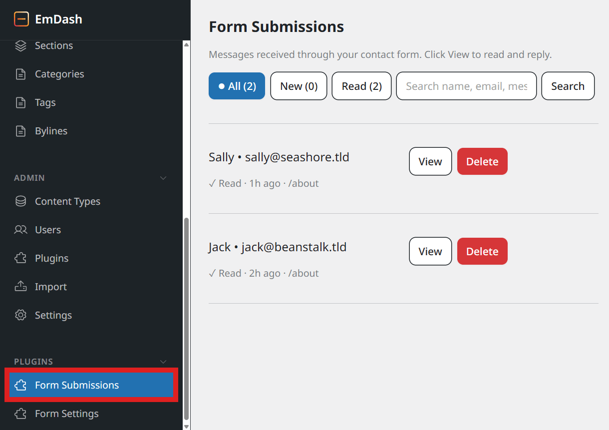 EmDash contact form submissions