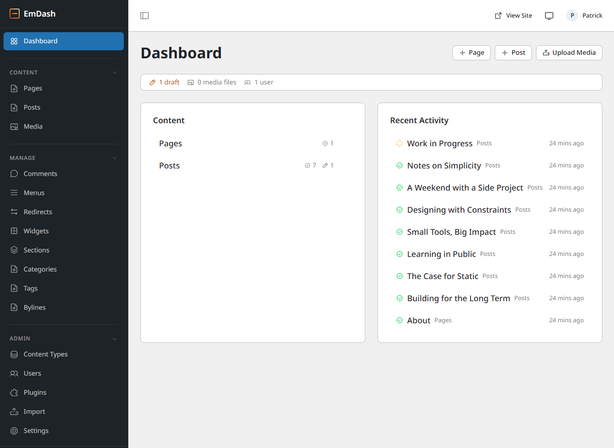 The admin dashboard of an EmDash site