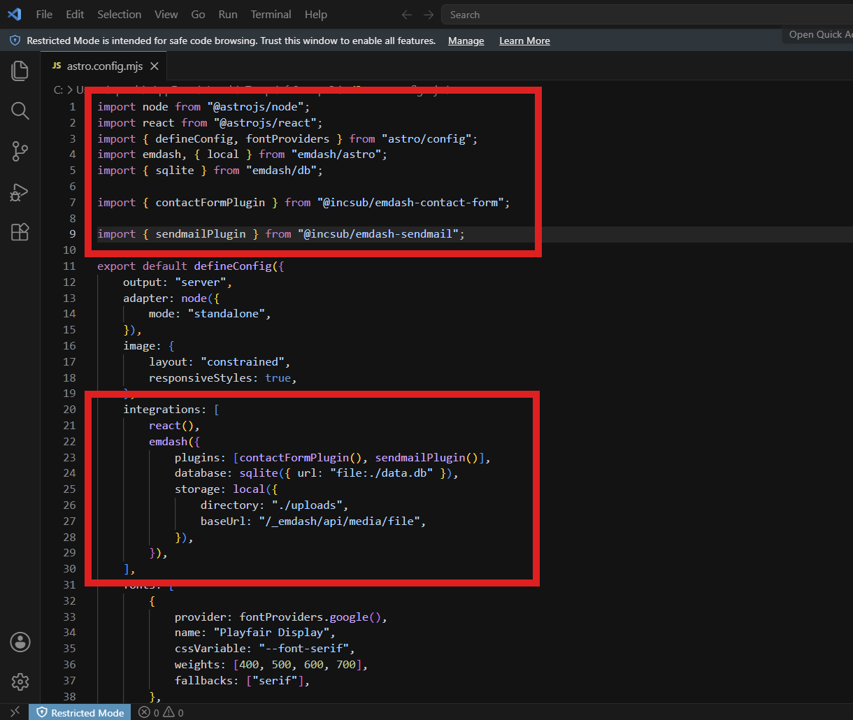 Editing the astro.config.mjs file for an EmDash email plugin