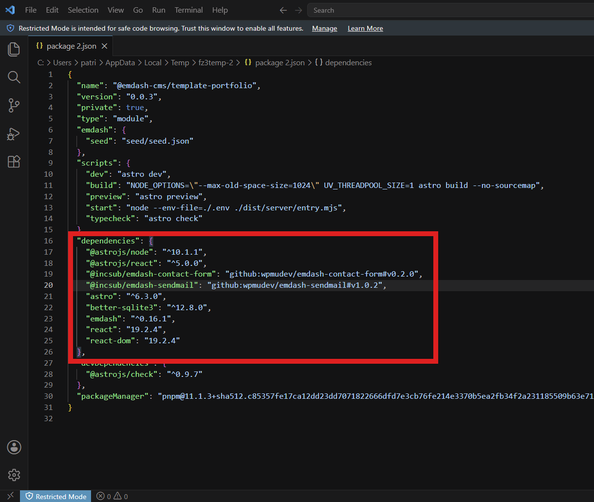 Editing the package.json file for an EmDash email plugin